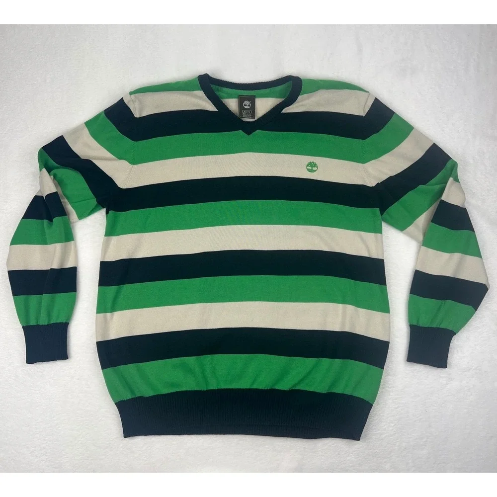Timberland Mens V Neck Striped Sweater Green Navy Cream‎ XL Regular Fit Cotton